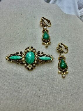 Vintage Peking Glass and Seed Pearl Brooch and Drop Earrings #10SET